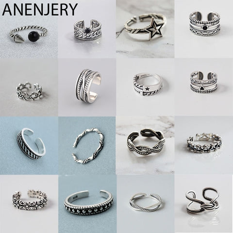 ANENJERY Vintage Handmade 925 Sterling Silver Rings For Men Women Size 18mm Adjustable Thai Silver Rings Personality S-R445